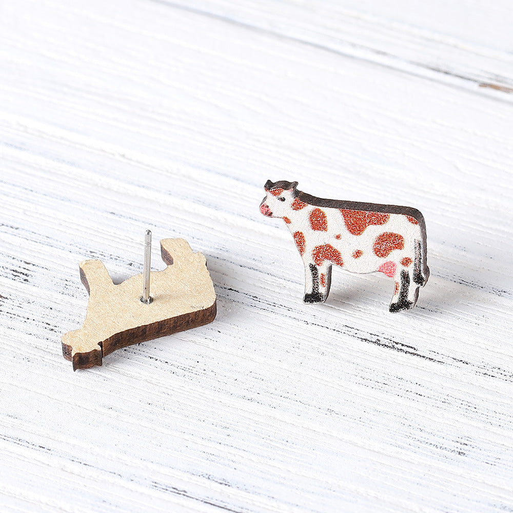 Wholesale  New Ethnic Western Denim Jewelry Dairy Pattern Love Cow Earrings Cute Wooden Earrings